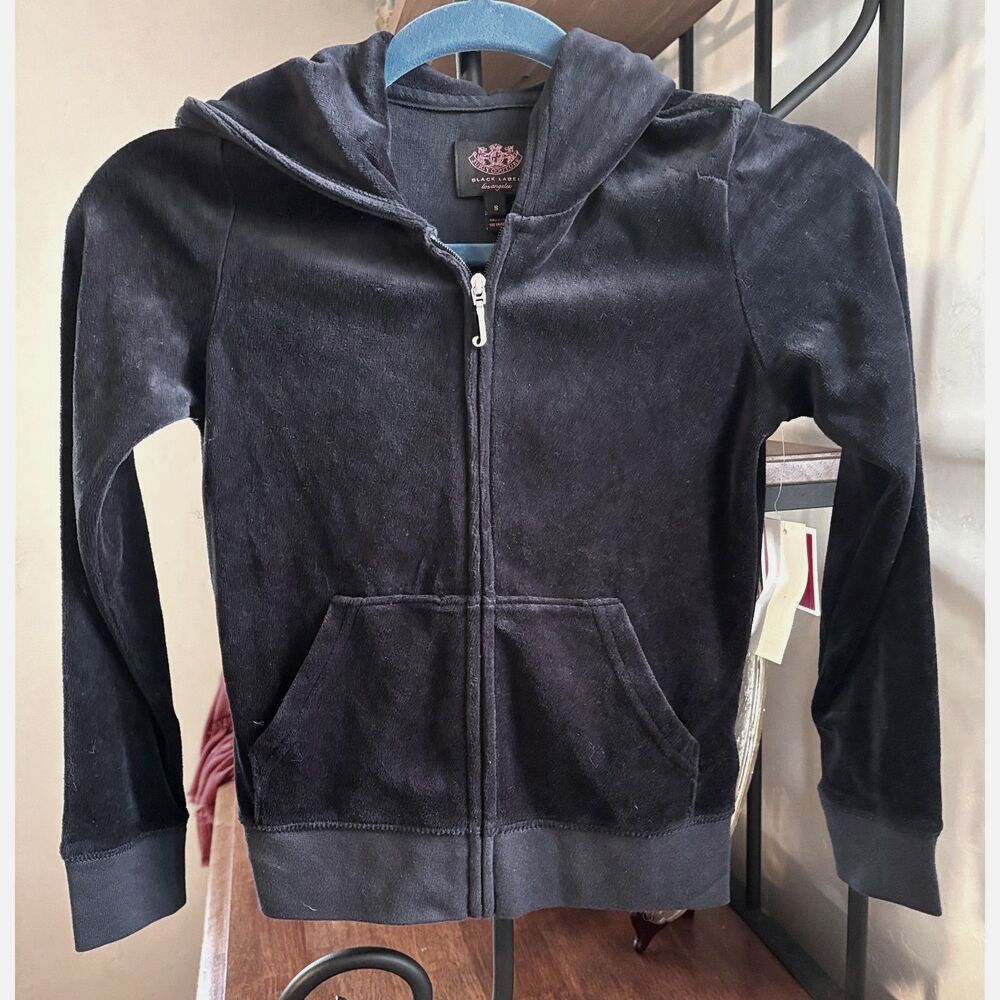 NWT Juicy Couture Black Velour J- Zipper Hoodie Jacket Girls/Junior Size 8